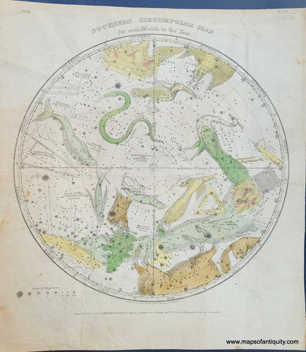 Southern-Circumpolar-Map-for-each-Month-in-the-Year-Antique-Celestial-Stars-Constellations-Burritt-Atlas-1835-1830s-1800s-19th-century-Maps-of-Antiquity