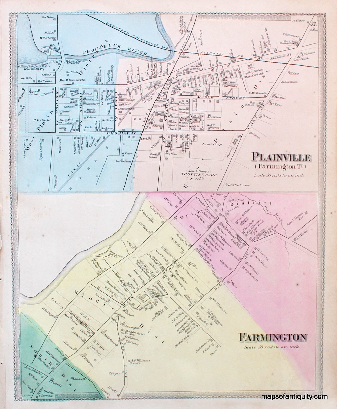 1869 map of Farmington and Plainville, CT from atlas