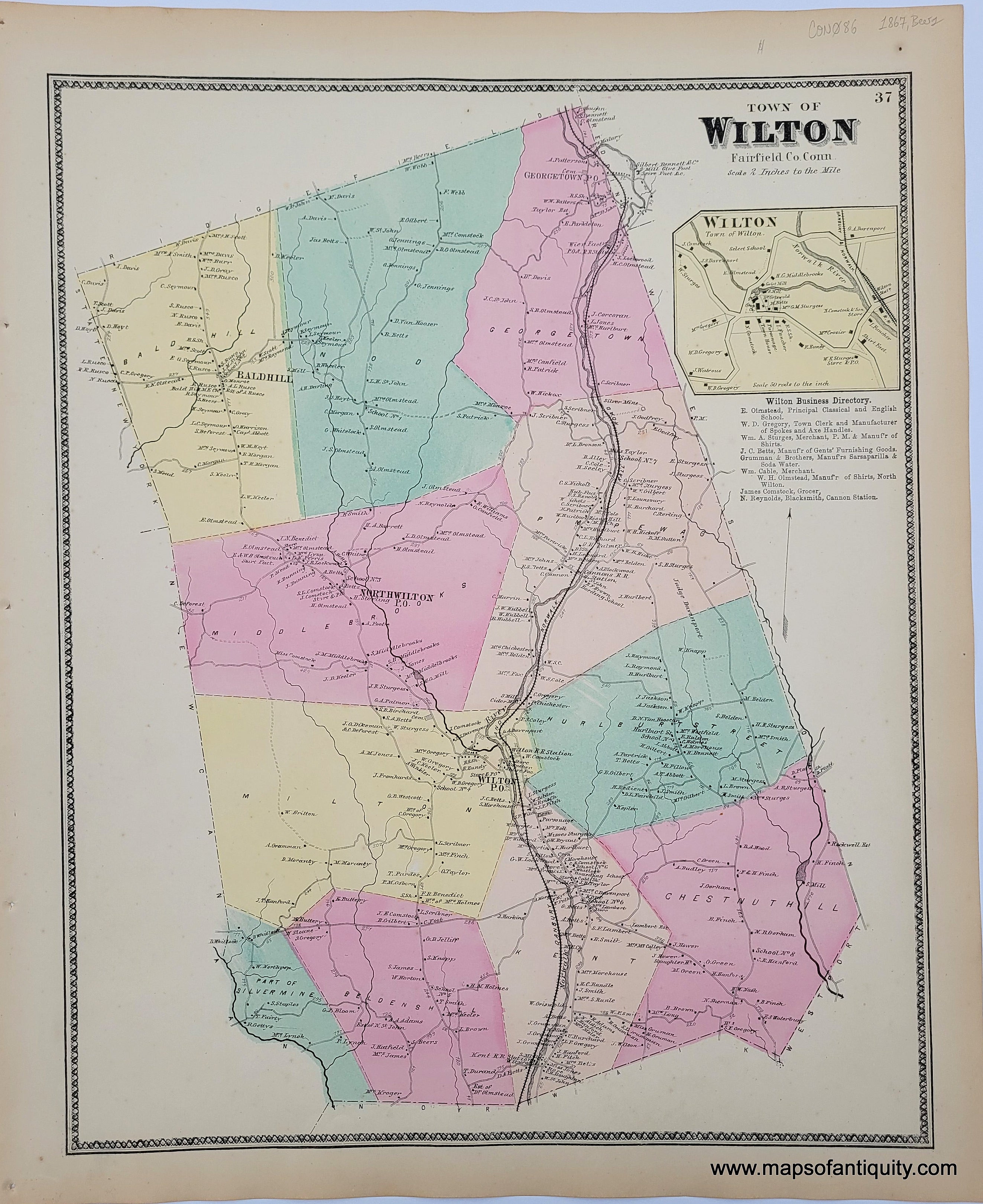 1867 Town of Wilton (CT) Antique Map Maps of Antiquity