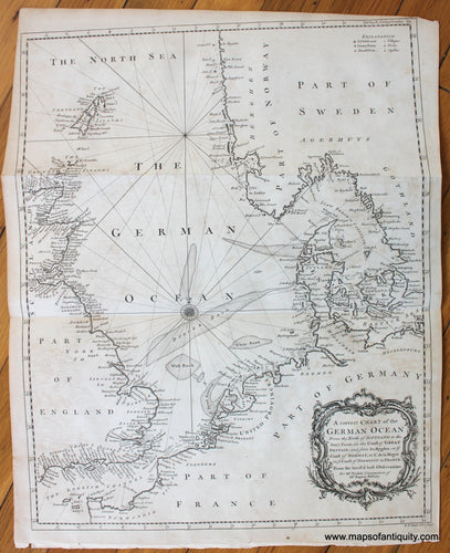 Antique-Map-A-Correct-Chart-of-the-German-Oceon-from-the-North-of-Scotland-to-the-Start-Point-on-the-Coast-of-Great-Britain-and-from-So.-Bygden-on-ye-Coast-of-Norway-to-C.-de-la-Hogue-on-ye-Coast-of-Normandy-in-1745-seale-rapin-Tindal-Maps-of-Antiquity-1740s-1700s-18th-century