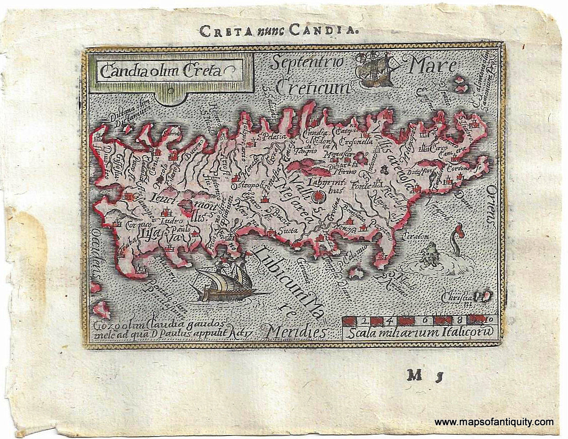 Antique-Miniature-Small-Map-Candia-olim-Creta-Crete-Greece-1588-Ortelius-1500s-16th-century-Maps-of-Antiquity