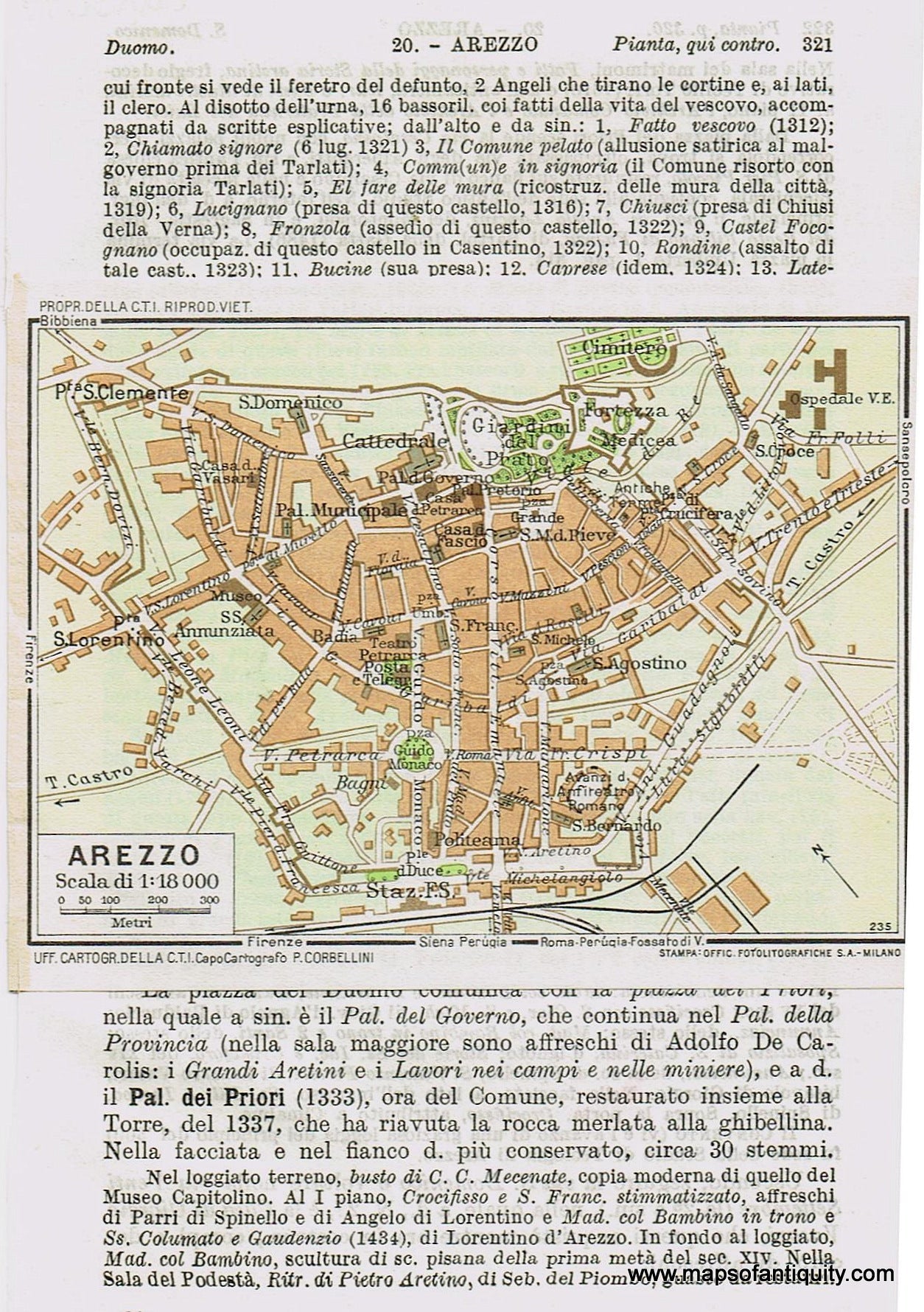 1935 Genuine Antique Map Arezzo Italy Maps of Antiquity