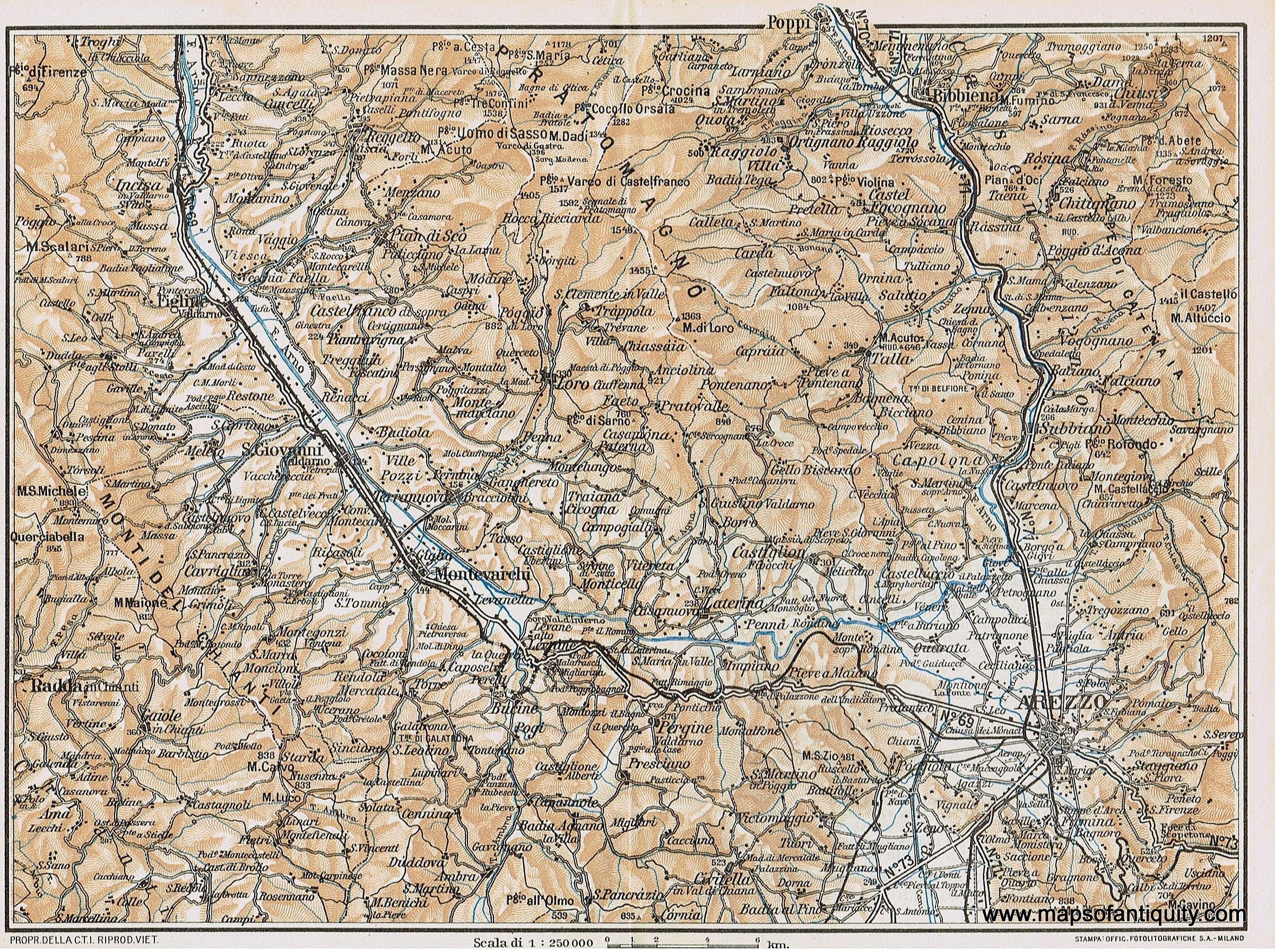 1935 Genuine Antique Map Arezzo Montevarchi Italy Maps of Antiquity