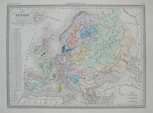 Antique-Hand-Colored-Map-Europe-en-1100.-Europe--1842-Malte-Brun-Maps-Of-Antiquity