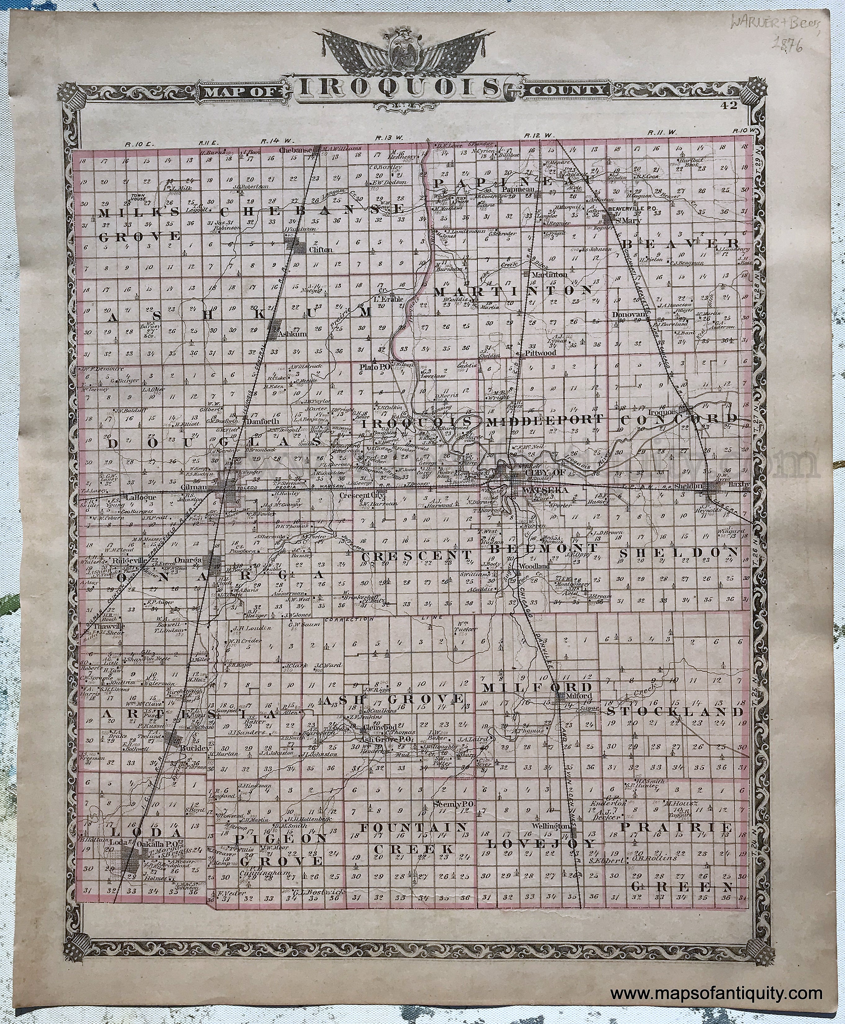 1876 - Iroquois County; verso: Ford County, Illinois - Antique Map