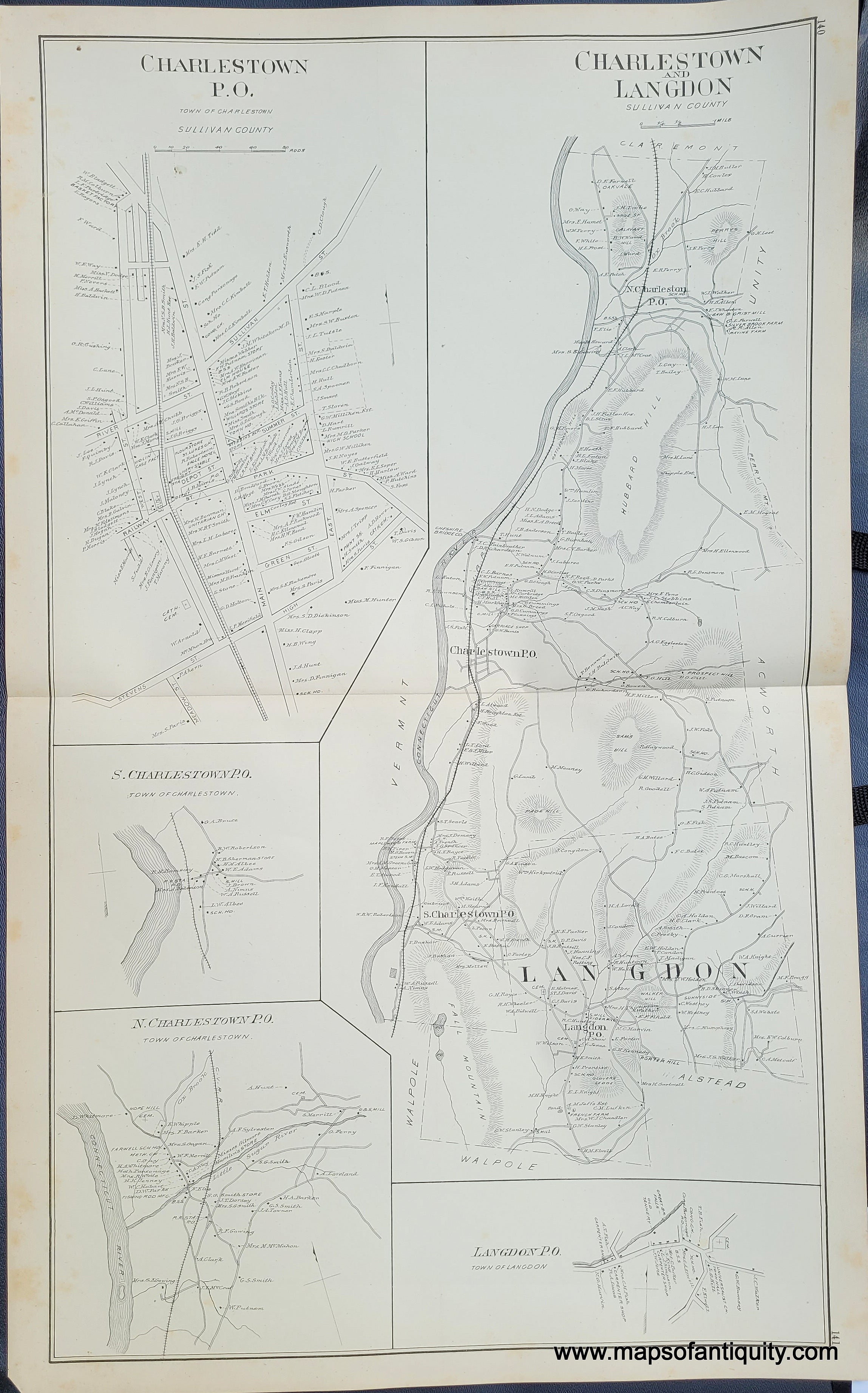 1892 Charlestown and Langdon (NH) Antique Map Maps of Antiquity