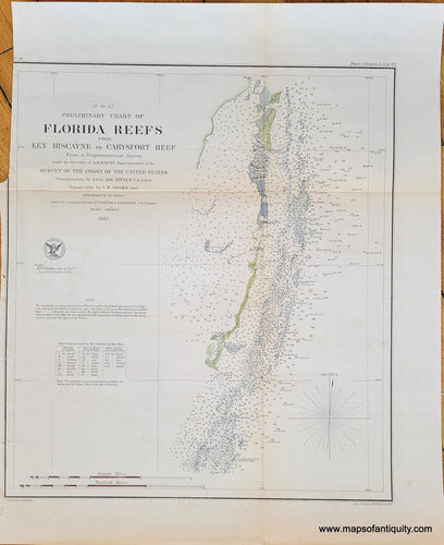 Antique-Coastal-Chart-Preliminary-Chart-of-Florida-Reefs-from-Key-Biscayne-to-Carysfort-Reef-F-No.4-United-States-South-1855-U.S.-Coast-Survey-Hand-colored-Maps-Of-Antiquity