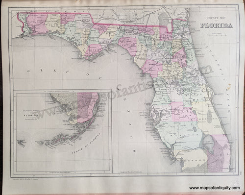Antique-Hand-Colored-Map-Double-sided-sheet-with-multiple-maps:-Centerfold---County-Map-of-the-States-of-Arkansas-Mississippi-and-Louisiana-;-versos:-County-Map-of-Florida-/-Plan-of-New-Orleans-United-States-South-1884-Mitchell-Maps-Of-Antiquity-1800s-19th-century
