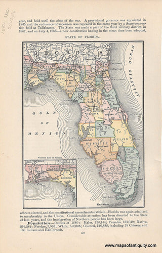 Genuine Antique Map-State of Florida-1884-Rand McNally & Co-Maps-Of-Antiquity