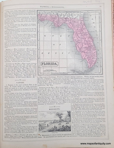 Genuine-Antique-Hand-Colored-Map-Double-sided-page-Florida-verso-Mississippi-and-Louisiana-1850-Mitchell-Thomas-Cowperthwait-Co--Maps-Of-Antiquity