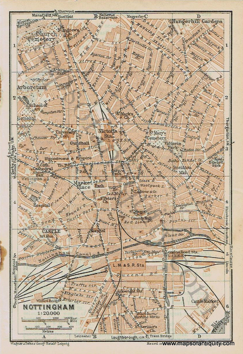 Antique-Maps-City-Nottingham-England-Great-Britain-Baedeker-Maps-of-Antiquity
