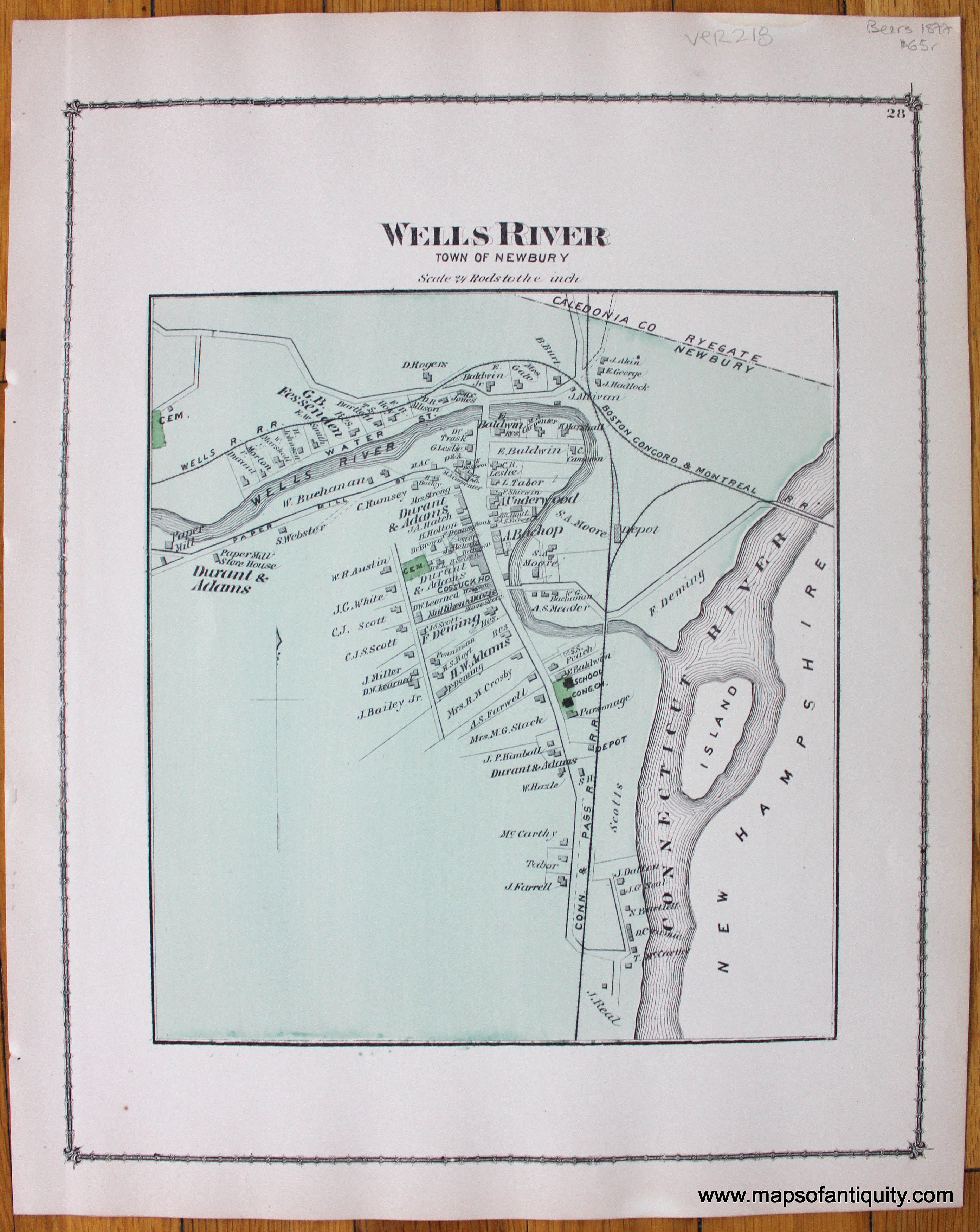 1877 Wells River Town of Newbury (VT) Antique Map Maps of Antiquity
