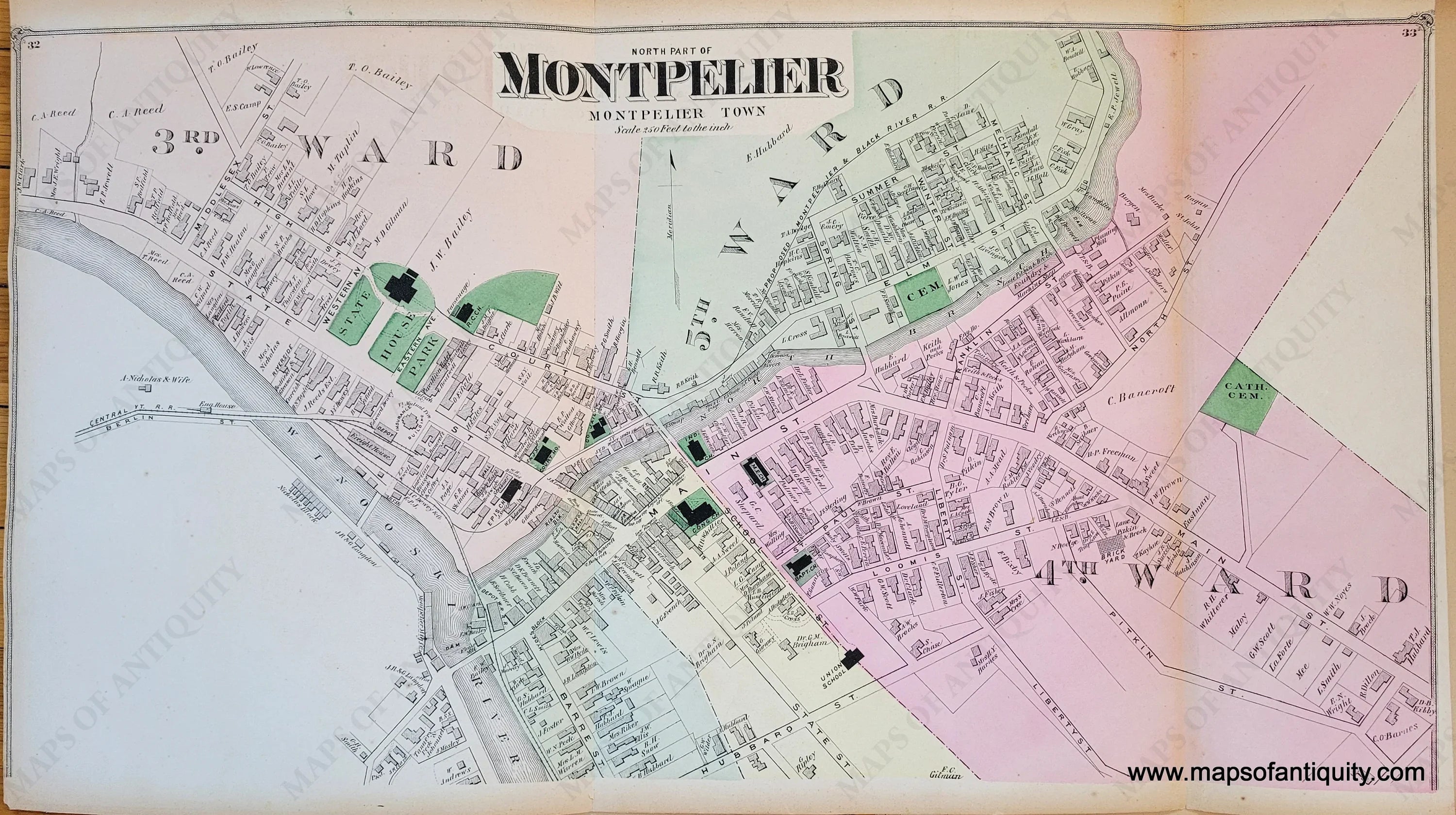1873 North Part of Montpelier (VT) Antique Map Maps of Antiquity