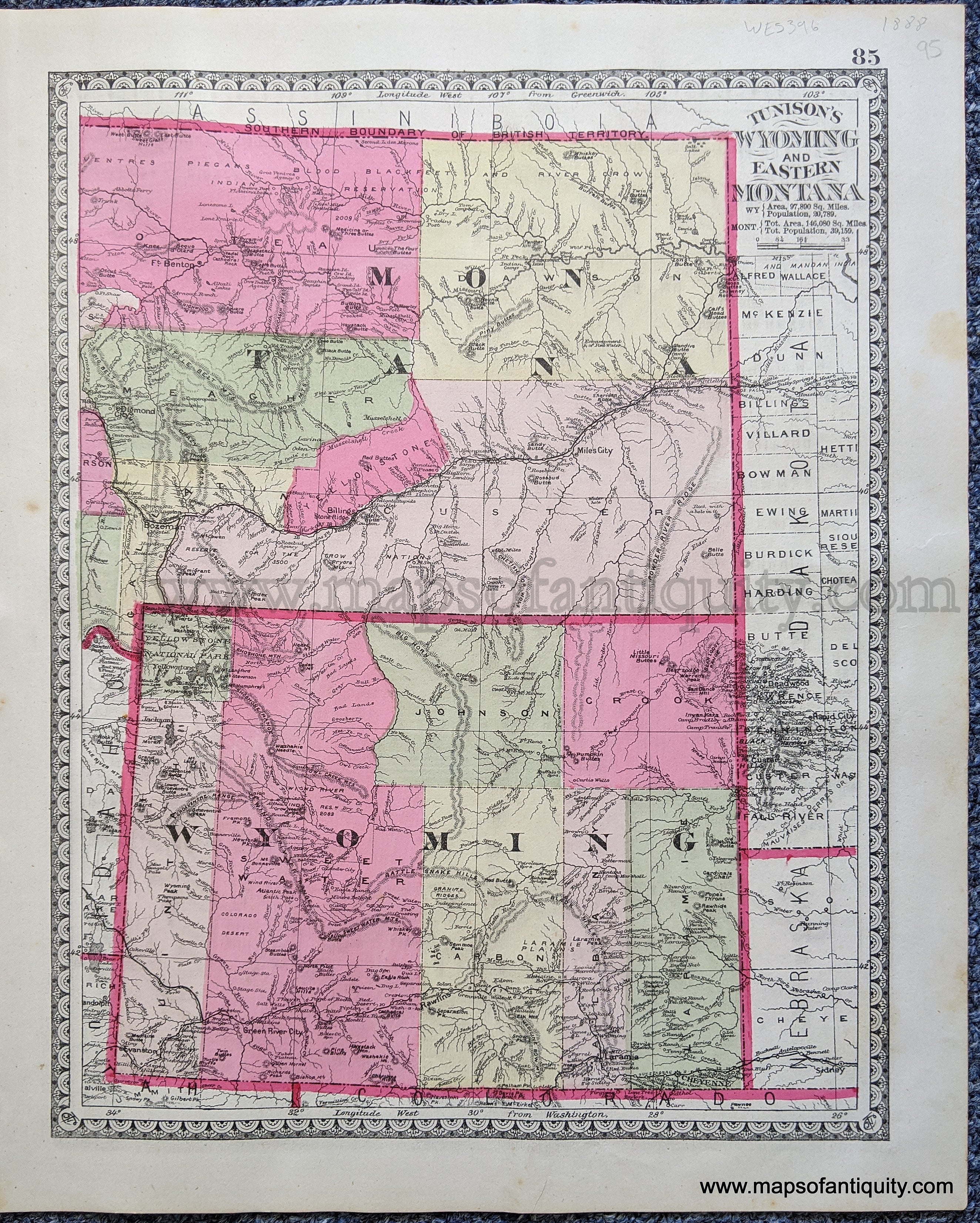 1888 - Tunison's Wyoming and Eastern Montana; verso: Tunison's Idaho a –  Maps of Antiquity