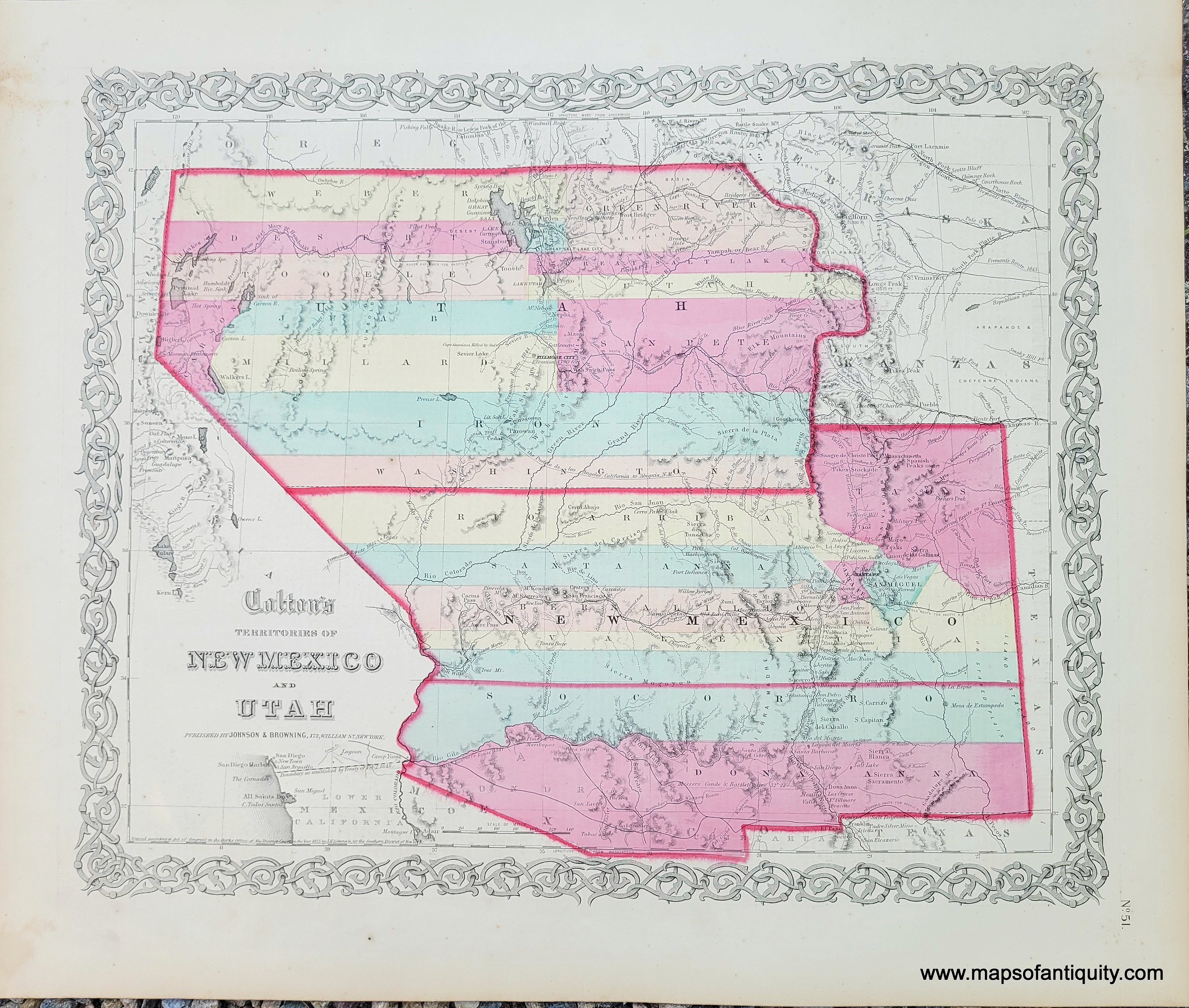 1859 Genuine Antique Map Coltons Territories Of New Mexico And Utah