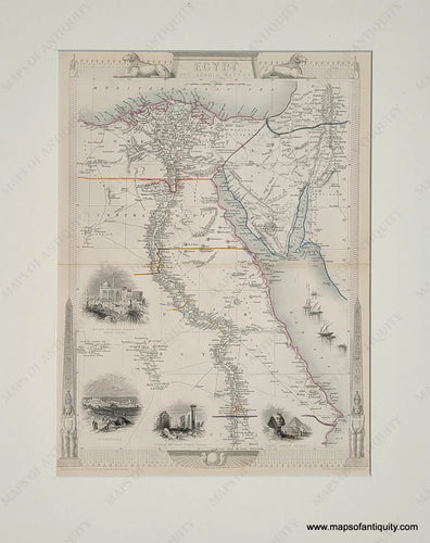 Genuine-Antique-Hand-Colored-Map-Egypt-and-Arabia-Petraea-Sphynx-pyramids--Africa-Egypt-1851-Tallis-Maps-Of-Antiquity