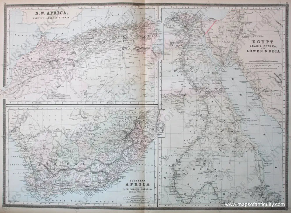 Antique-Hand-Colored-Map-N.W.-Africa-Comprising-Marocco-(Morocco)-Algeria-&-Tunis./Southern-Africa-comprising-Cape-Colony-Natal-&c.-with-Orange-free-State/Egypt-Arabia-Petraea-and-Lower-Nubia-Africa-North-West-Africa-Southern-Africa-Egypt-1887-Bradley-Maps-Of-Antiquity