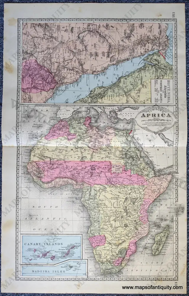 Antique-Print-Double-sided-sheet-with-multiple-maps:-Centerfold---Tunison's-Africa-;-versos:-Tunison's-Farther-India-and-Sunda-Isles-/-South-Africa-Africa-Asia-1888-Tunison-Maps-Of-Antiquity-1800s-19th-century