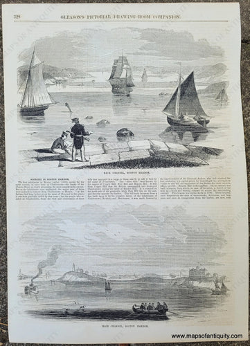 Genuine-Antique-Illustration-Print-Scenery-in-Boston-Harbor:-Back-Channel-and-Main-Channel-1854-Gleason's-Pictorial-Drawing-Room-Companion-PRN077-Maps-Of-Antiquity