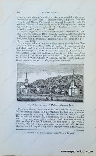 Genuine-Antique-Illustration-View-of-the-east-side-of-Pulteney-Square,-Bath-(NY)-with-verso-view-of-the-courthouse-in-Waterloo-1841-Barber-Maps-Of-Antiquity