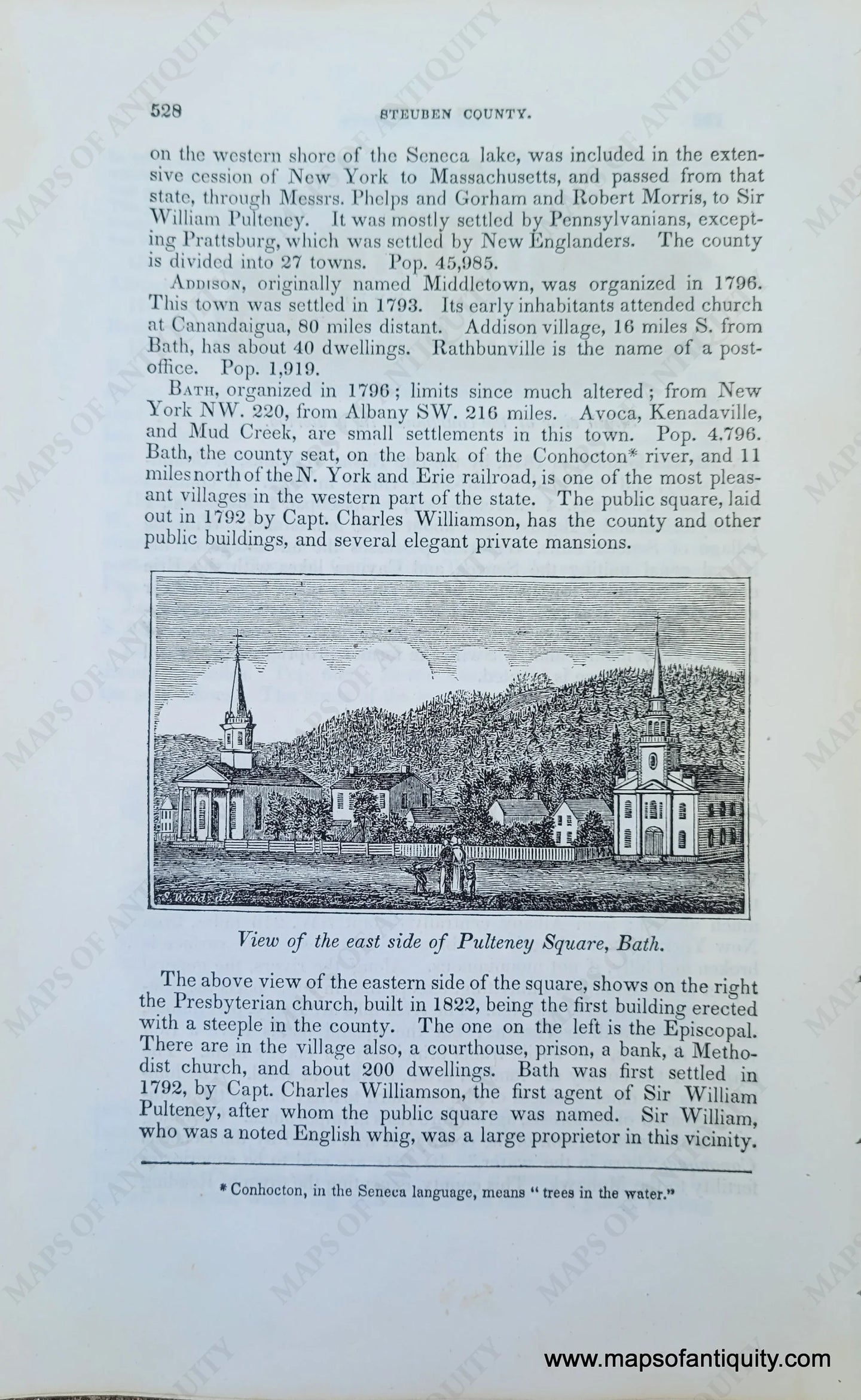 Genuine-Antique-Illustration-View-of-the-east-side-of-Pulteney-Square,-Bath-(NY)-with-verso-view-of-the-courthouse-in-Waterloo-1841-Barber-Maps-Of-Antiquity