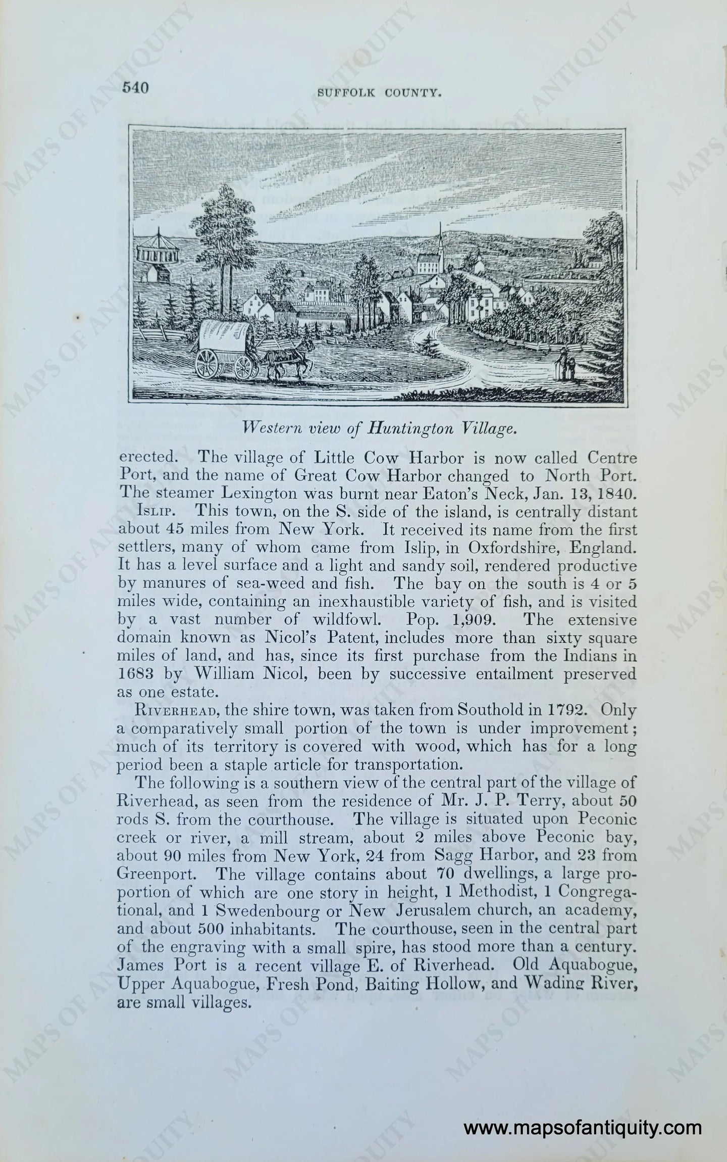 Genuine-Antique-Illustration-Western-view-of-Huntington-Village-(NY)-1841-Barber-Maps-Of-Antiquity