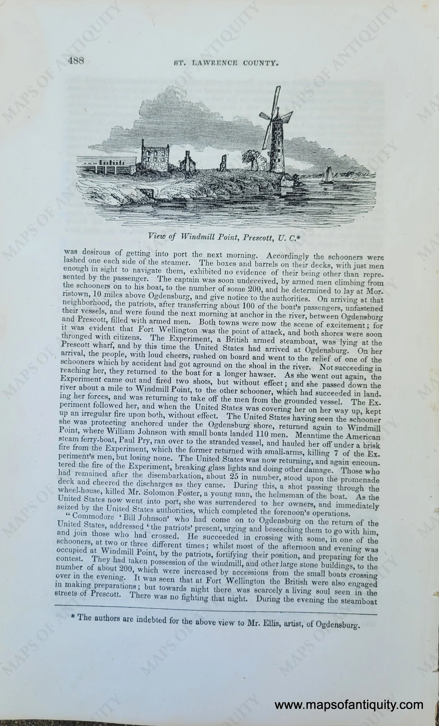 Genuine-Antique-Illustration-View-of-Windmill-Point,-Prescott,-U.C.-(Upper-Canada,-Ontario)-1841-Barber-Maps-Of-Antiquity