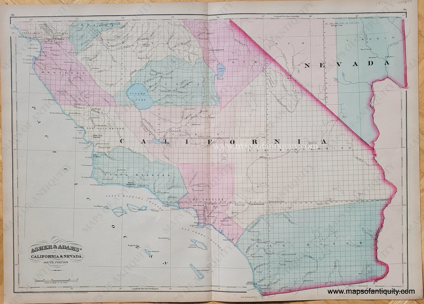 Antique-Map-California-Nevada-South-Portion-Asher-Adams-1872-1870s-1800s-19th-century