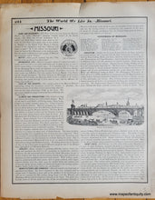 Load image into Gallery viewer, back side of page has informational text about Missouri and an illustration of the St Louis Bridge

