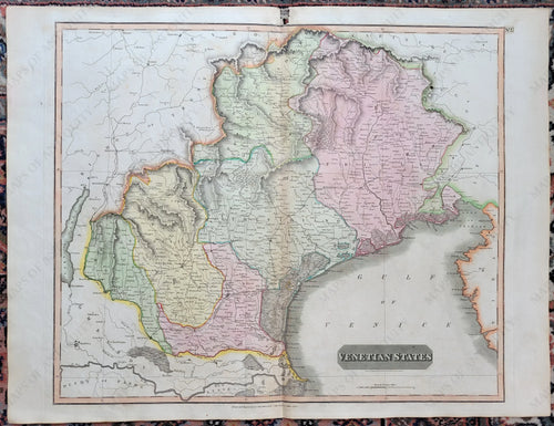 Antique map of northeastern Italy with Venice at approximately the center. Colored by region in antique tones of green, orange, pink, and yellow. Original antique color. 