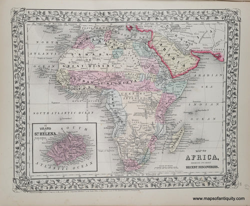 Antique map of Africa hand-colored by region in tones of pink, yellow, blue, and green