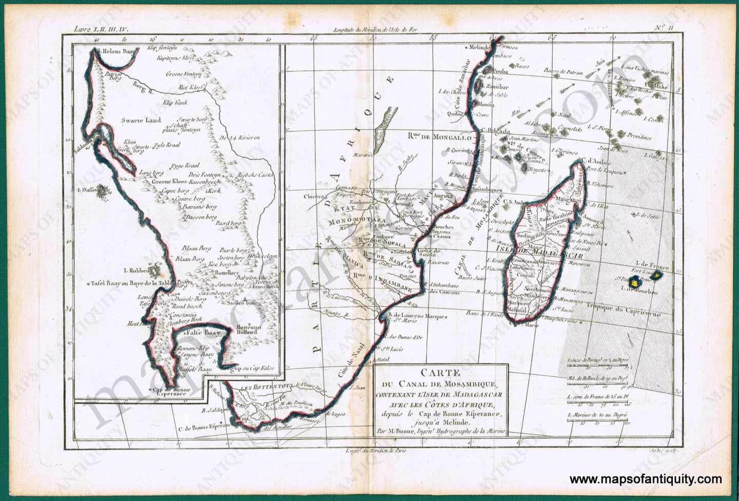 Antique-Hand-Colored-Map-Carte-du-Canal-de-Mosambique-Continant-l'isle-de-Madagascar-avec-les-cotes-de-Afrique-Africa-South-Africa-1780-Raynal-and-Bonne-Maps-Of-Antiquity