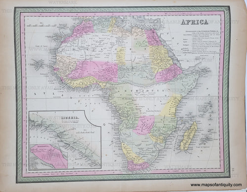 Antique Map with original hand-coloring in tones of green, yellow, and pink. Areas of white space indicate unknown areas or deserts. AFR049-Antique-Hand-Colored-Map-Map-of-Africa-Africa--1849-Mitchell-Maps-Of-Antiquity-1840s-1800s-19th-century