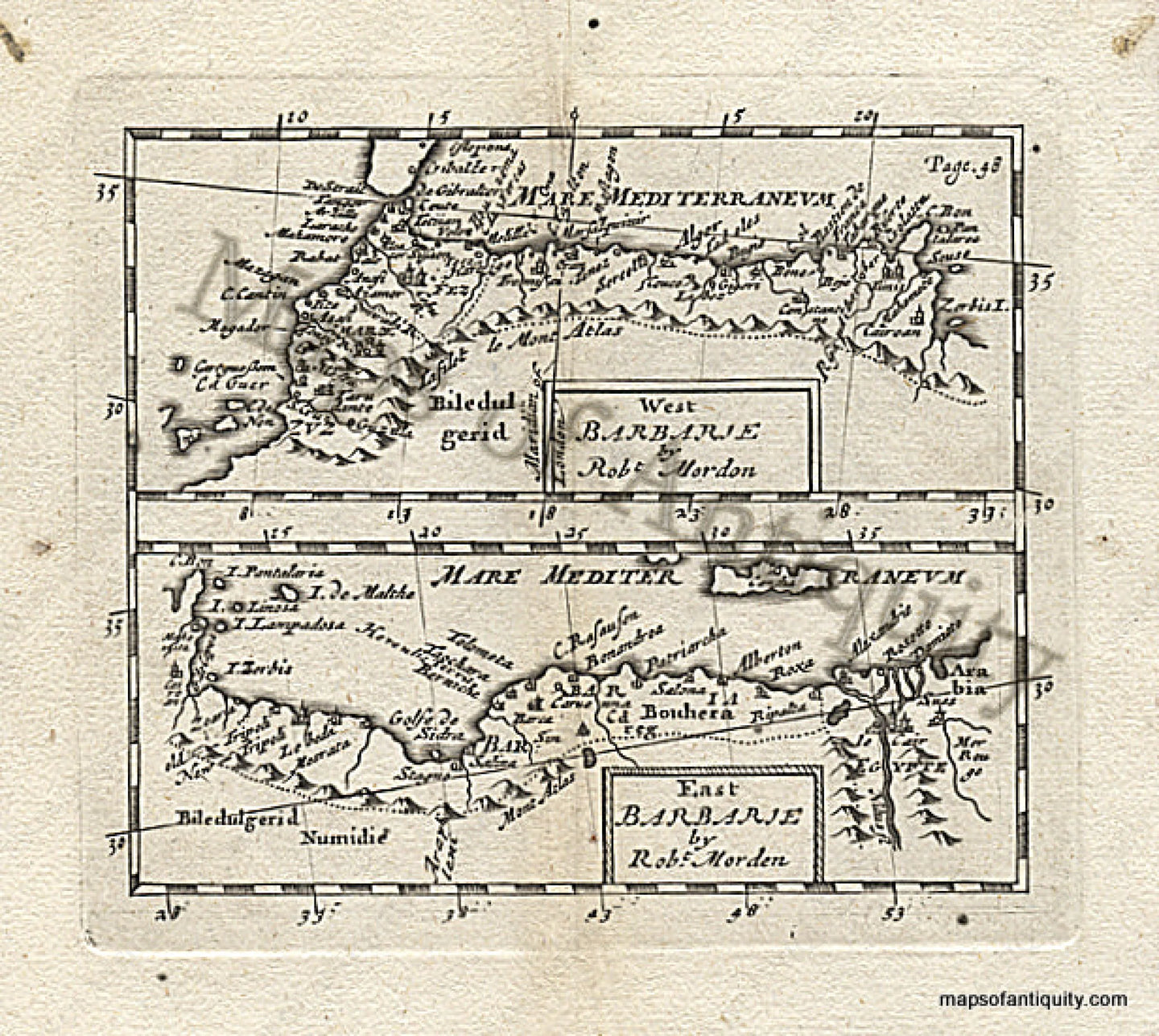 Black-and-White-Engraved-Antique-Map-West-Barbarie-East-Barbarie-(Morrocco-Tunisia)-Africa-North-Africa-1688-Morden-Maps-Of-Antiquity