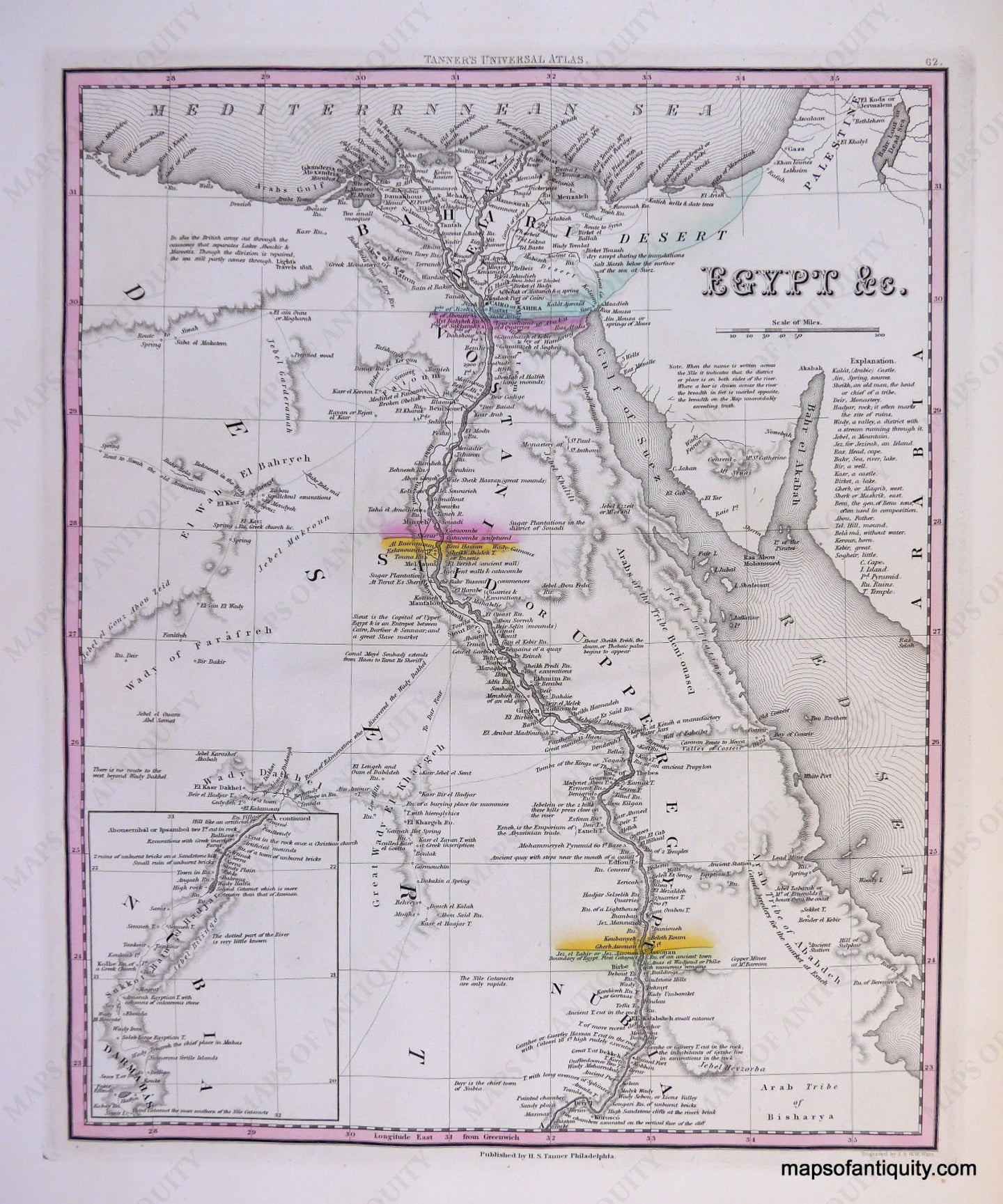 Antique-Hand-Colored-Engraved-Map-Egypt-Africa--c.-1840-Tanner-Maps-Of-Antiquity