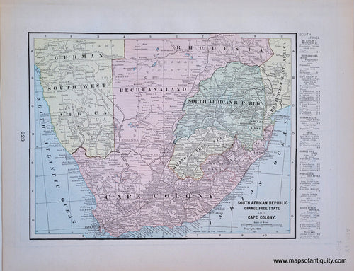 South African Republic, Orange Free State, and Cape Colony - Antique Map with original printed color