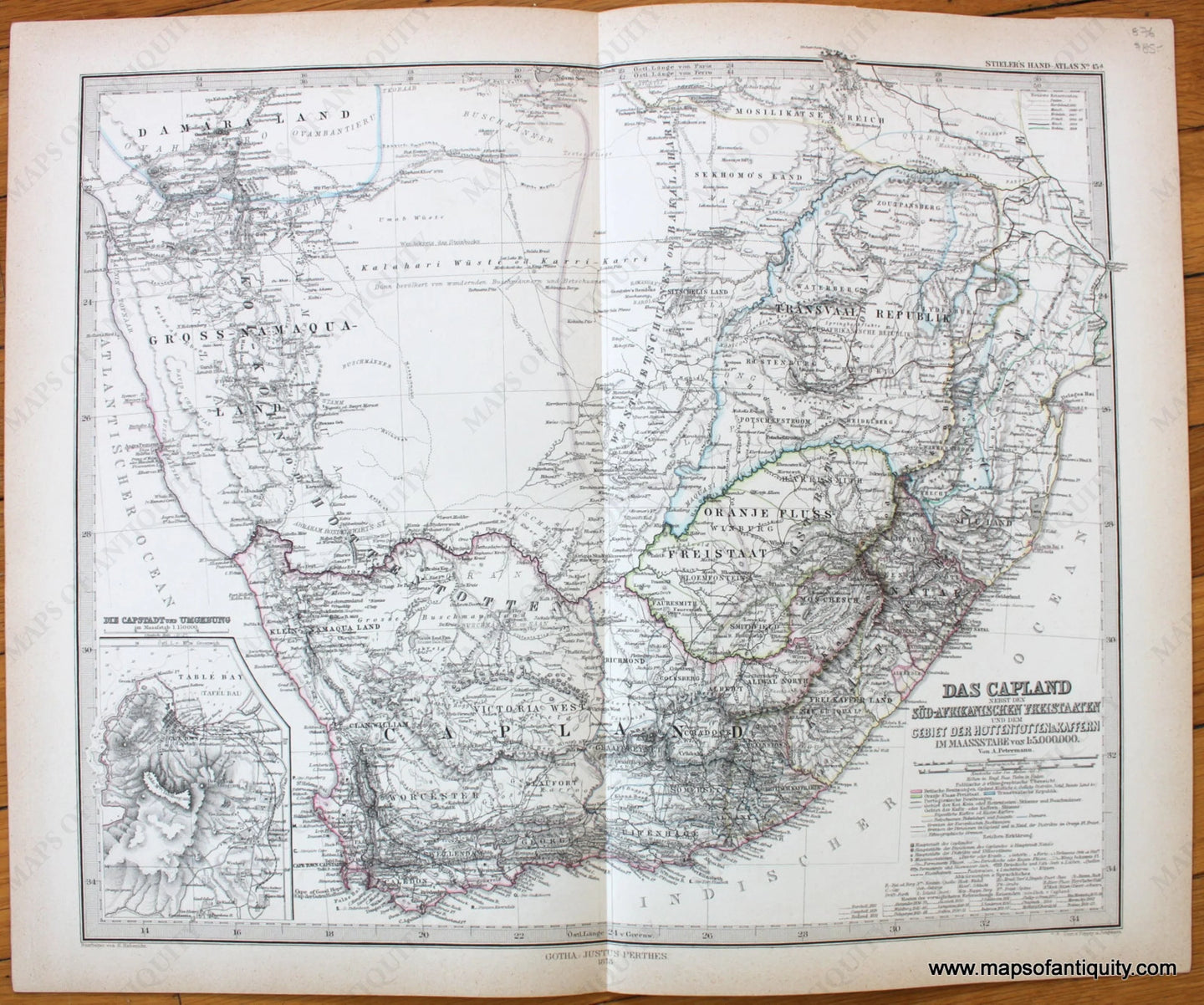 Antique-Map-Africa-South-Capland-Sud-Afrikanischen-freistaaten-Hottentotten-Kaffern-Stieler-1876-1870s-1800s-19th-century-Maps-of-Antiquity