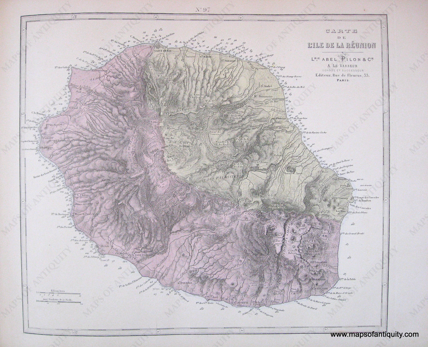 Antique-Hand-Colored-Map-Carte-de-L'Ile-de-la-Reunion-1877-Levasseur-1800s-19th-century-Maps-of-Antiquity