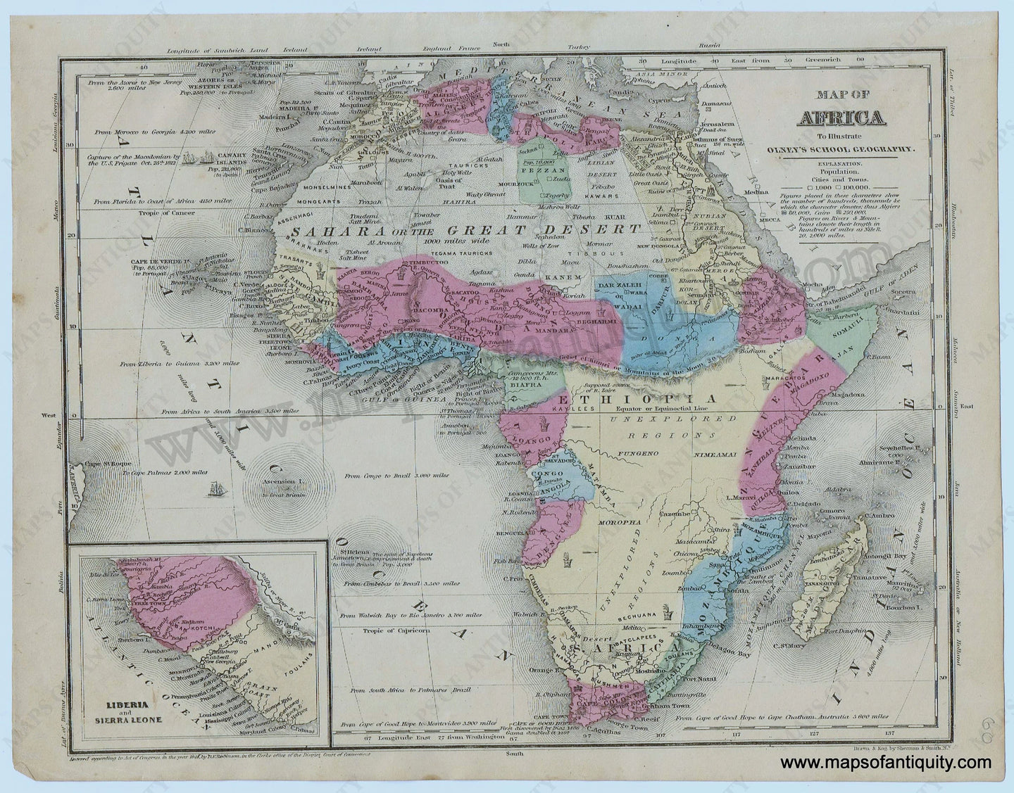 Antique-Hand-Colored-Map-Map-of-Africa-to-Illustrate-Olney's-School-Geograpy-1844-Robinson-/-Olney-1800s-19th-century-Maps-of-Antiquity