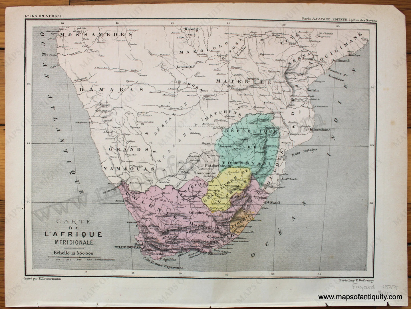 Antique-Printed-Color-Map-Carte-de-l'Afrique-Meridionale-1877-Fayard---1800s-19th-century-Maps-of-Antiquity