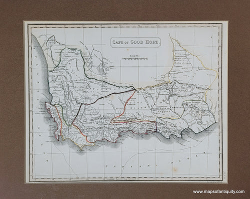 Genuine antique map of Cape of Good Hope South Africa with outline color around various political boundaries from around 1820 by Arrowsmith and Hall
