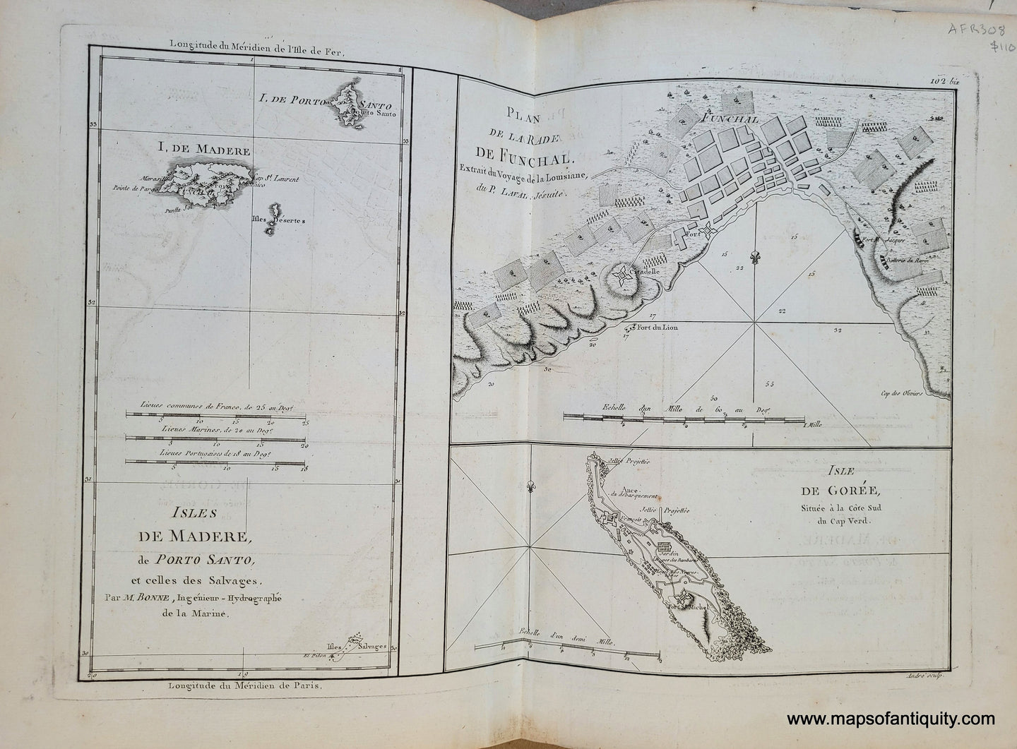 Genuine-Antique-Map-Islands-of-Maderia-and-Goree---Isles-de-Madere-de-Porto-Santo-et-celles-des-Salvages-Plan-de-la-Rade-de-Funchal-Isle-de-Goree-1788-Bonne-Desmarest-Maps-Of-Antiquity