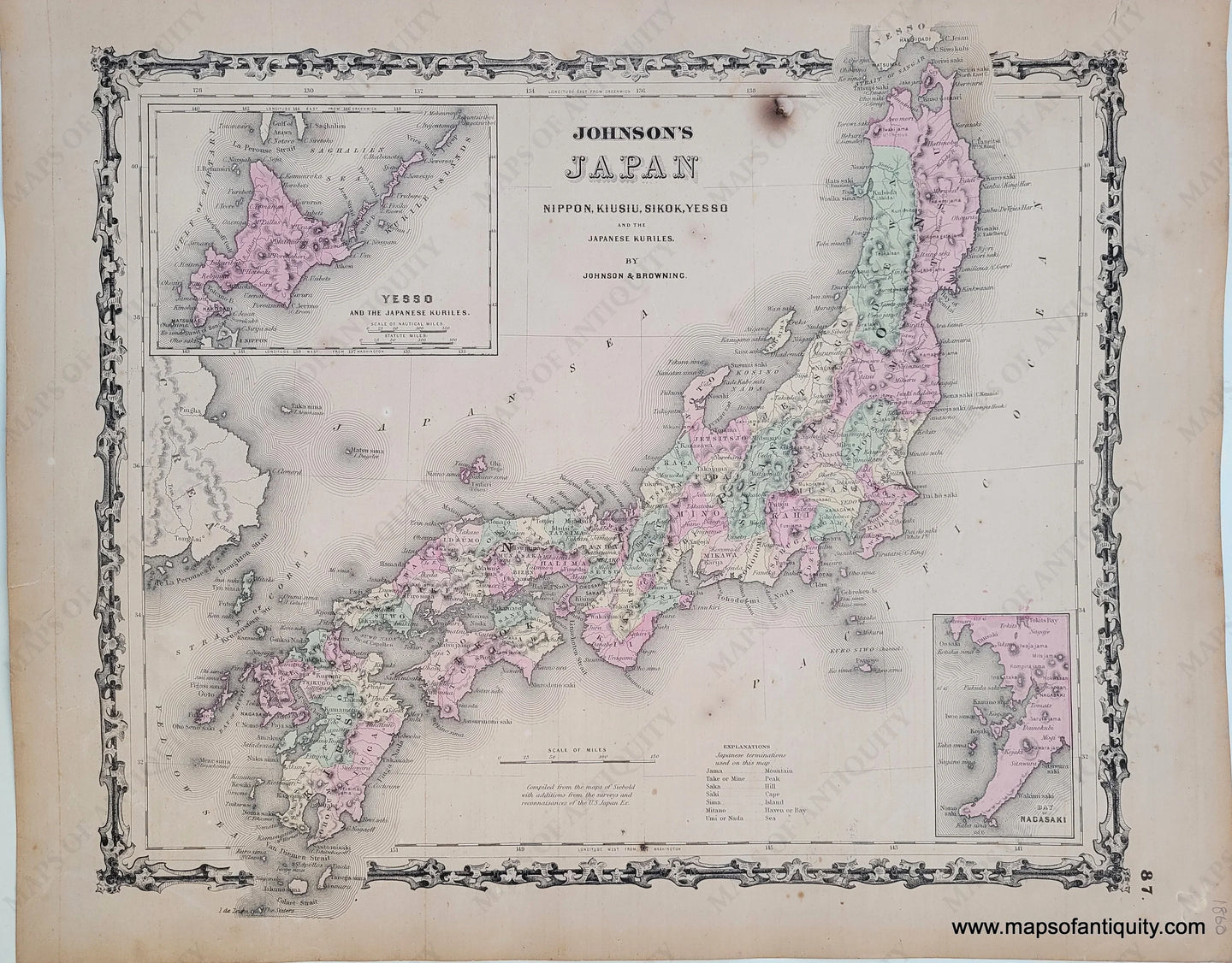 Antique map of Japan by Johnson and Ward, published in 1864, colored by region, with inset maps of yesso or Hokkaido and Nagasaki