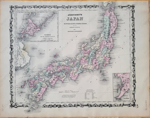 Antique map of Japan by Johnson and Ward, published in 1864, colored by region in pale antique colors, with inset maps of yesso or Hokkaido and Nagasaki