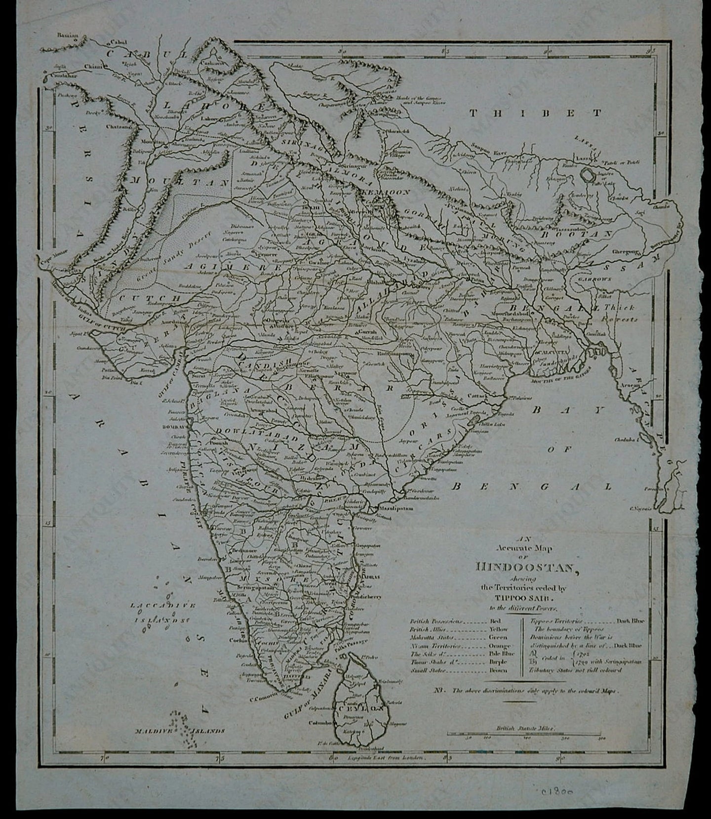 Black-and-White-Antique-Map-An-Accurate-View-of-Hindoostan-shewing-the-Territories-ceded-by-Tippoo-Saib.-To-the-different-Powers.-Asia-India-c.-1800-Unknown-Maps-Of-Antiquity