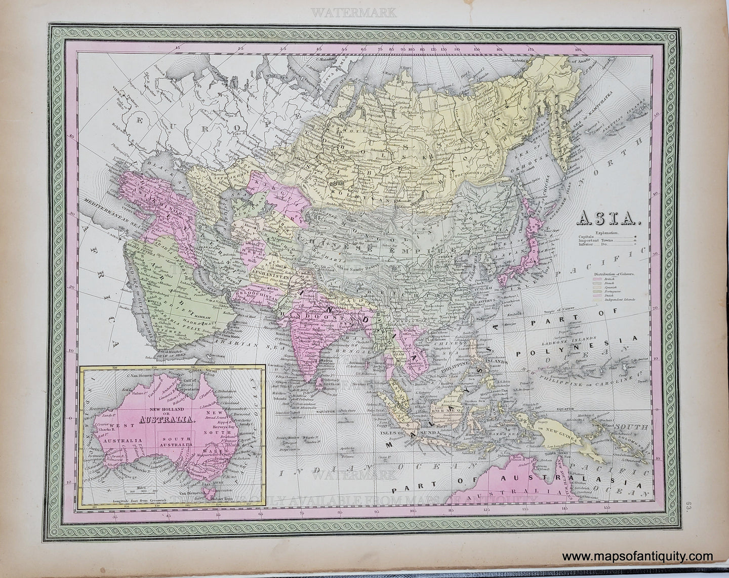 Antique-Hand-Colored-Map-Asia.--Antique Map with original hand-coloring in tones of green, yellow, peach, and pink. 
Asia--1849-Mitchell-Maps-Of-Antiquity