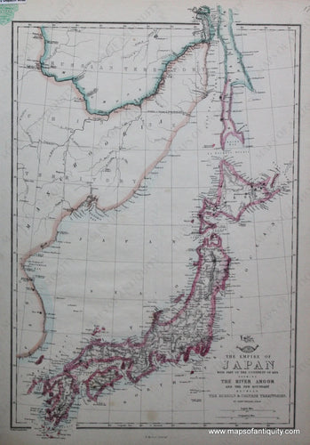 Antique-Hand-Colored-Map-The-Empire-of-Japan-with-Part-of-the-Continent-of-Asia-showing-the-River-Amoor-and-the-New-Boundary-between-the--Russian-&-Chinese-Territories.-Asia-Japan-1858-Weller-Maps-Of-Antiquity