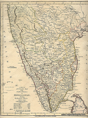 Antique-Hand-Colored-Map-A-New-and-Accurate-Map-of-the-Southern-Provinces-of-Hindoostan-shewing-The-Territories-ceded-by-Tippoo-Saib-to-the-Different-Powers.-Jan.-1st-1800.-Asia-India-1803-Wilkinson-Maps-Of-Antiquity