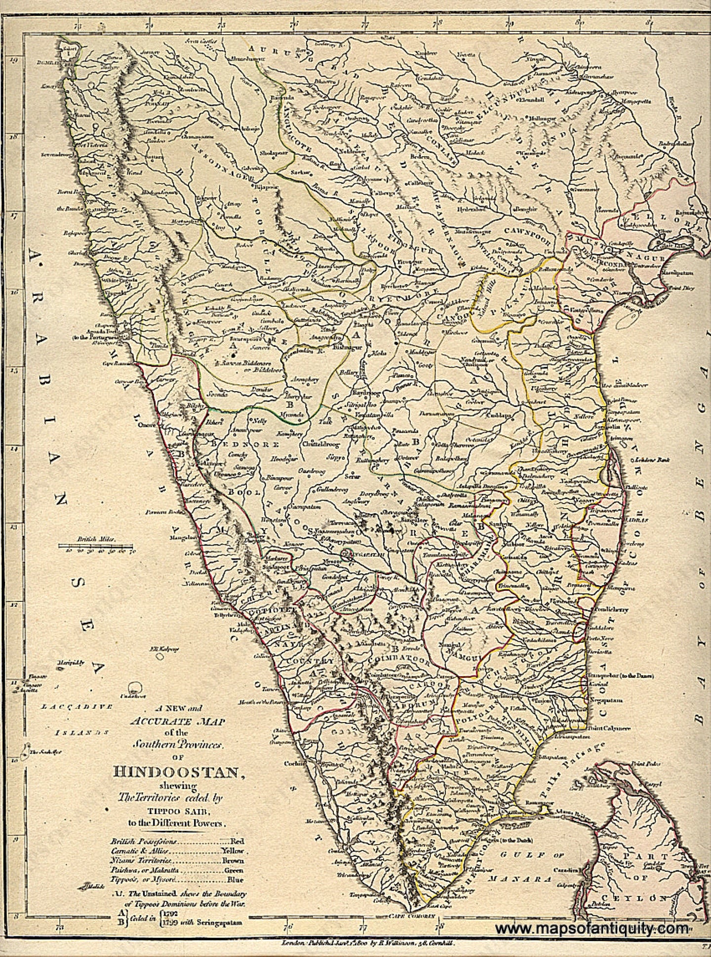 Antique-Hand-Colored-Map-A-New-and-Accurate-Map-of-the-Southern-Provinces-of-Hindoostan-shewing-The-Territories-ceded-by-Tippoo-Saib-to-the-Different-Powers.-Jan.-1st-1800.-Asia-India-1803-Wilkinson-Maps-Of-Antiquity