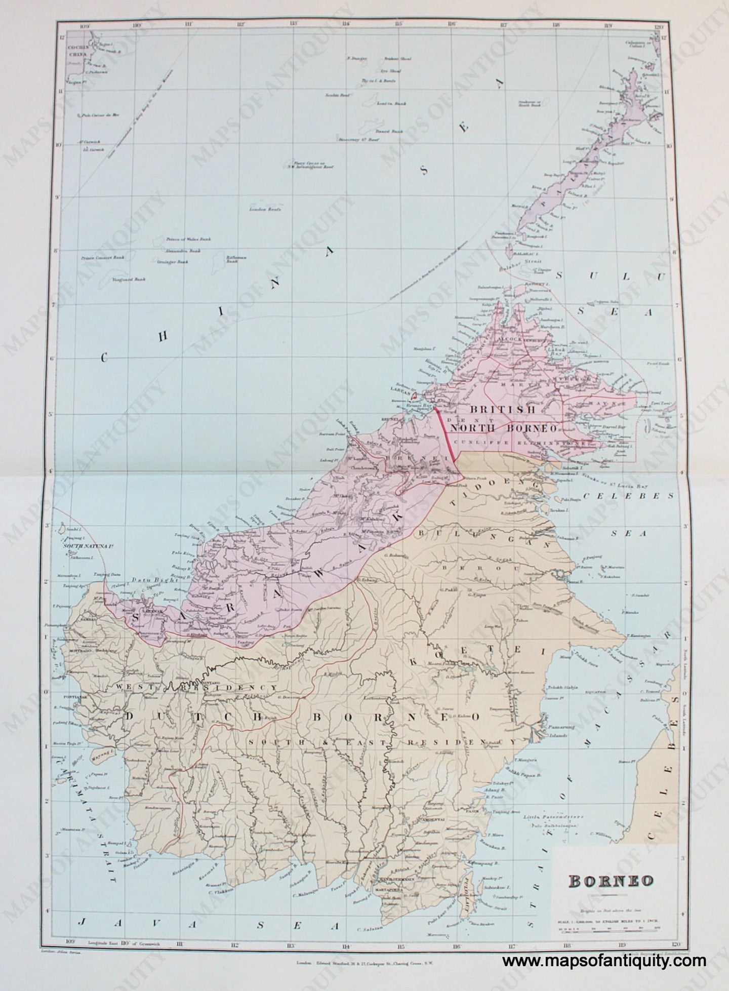 Antique-Hand-Colored-Map-Borneo-Southeast-Asia--1894-Stanford-Maps-Of-Antiquity